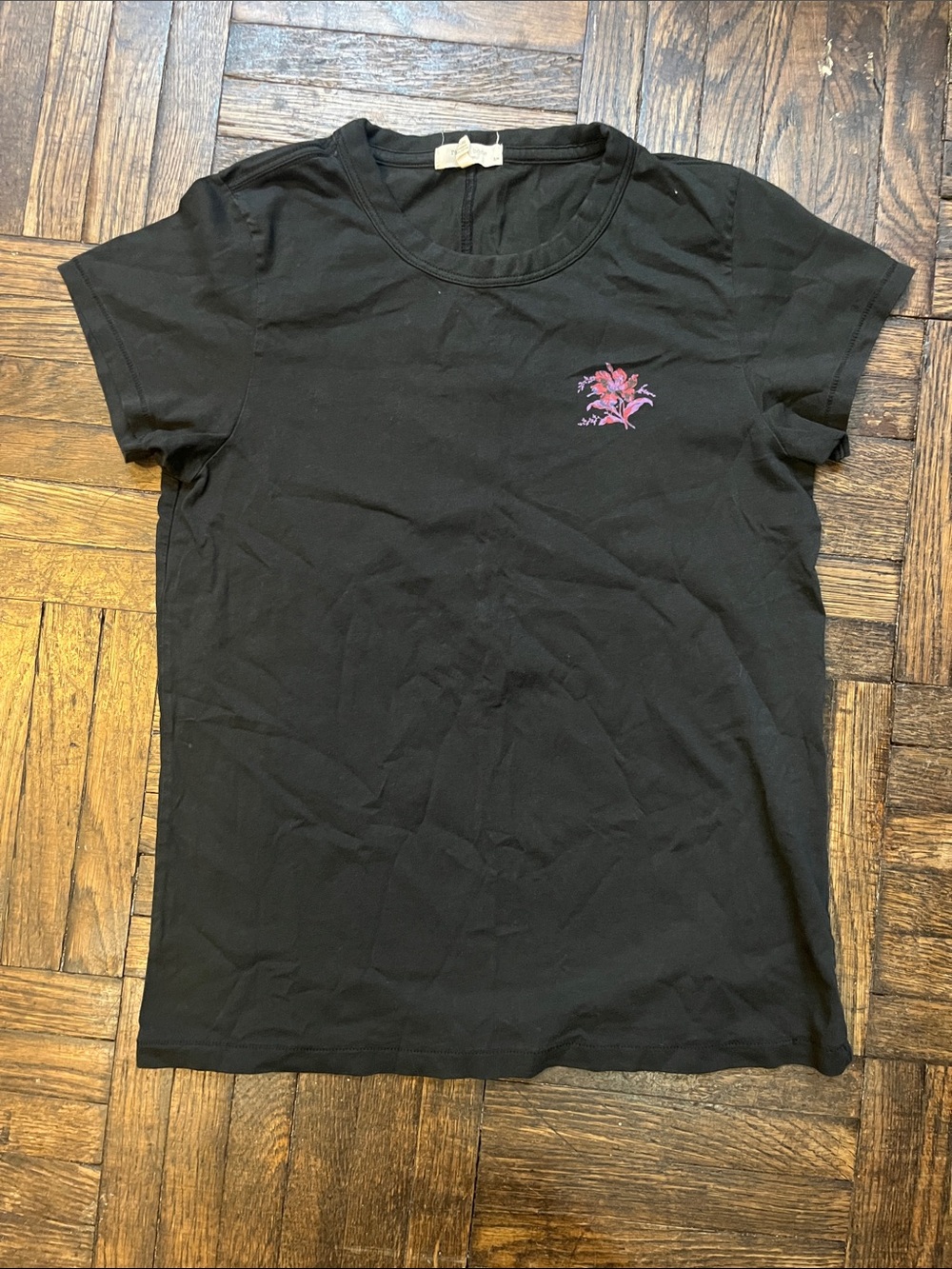 rag & bone Black Short Sleeve Tee with Pink Floral Embroidery